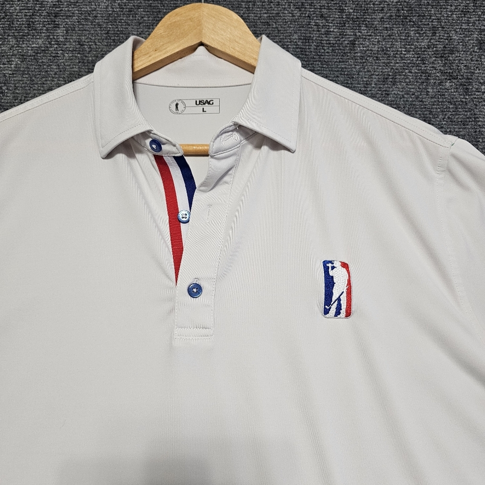 USAG U Suck At Golf Polo Shirt Mens Stretch L Performance Patriotic Short Sleeve